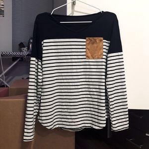 SHEIN Suede Elbow Patched Striped Tee